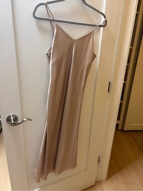 Nude Satin Slip Midi Dress with Spaghetti Straps